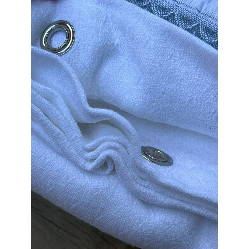 Hotel Balfour 100% Turkish Cotton White Shower Curtain Spa Blue Border W/ Fringe